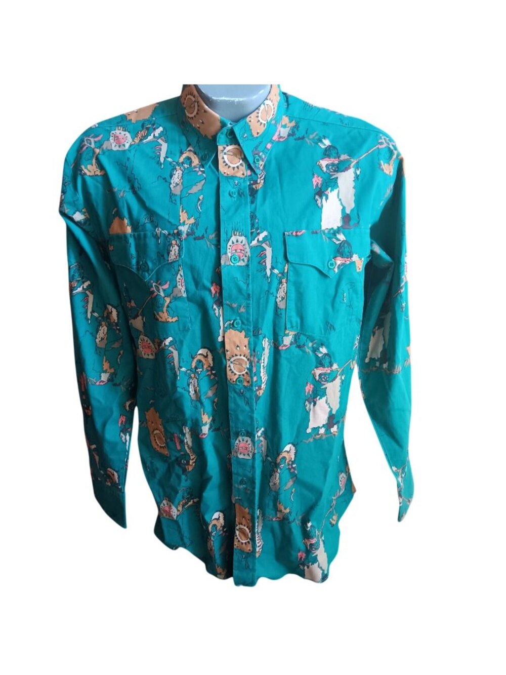 Vintage Cowboy Western Shirt Medium Panhandle Slim Button-Up Turquoise Printed